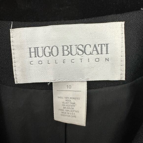 Hugo Buscati Women's Size 10‎ Black Long Blazer Velvet Details 6 Button Front - Picture 2 of 6